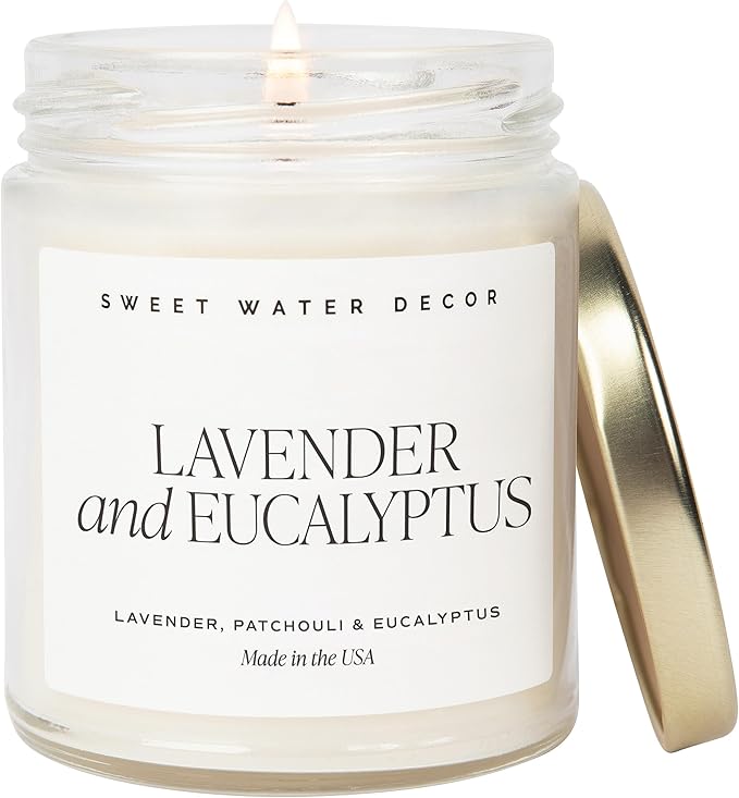 Sweet Water Decor Lavender and Eucalyptus Candle - Soy Patchouli, Eucalyptus and Lavender Candles for Home - Scented Spring Candles - 9oz Clear Jar, 40 Hour Burn Time, Made in The USA