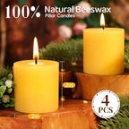 4 Pack Natural Beeswax Pillar Candles,2x2in 100% Pure Beeswax Candles-80 Hours Long Burning,Unscented Bees Wax Candles for Home,Prayer,Emergency,Dripless Smokeless Organic Pillar Candles Bluk