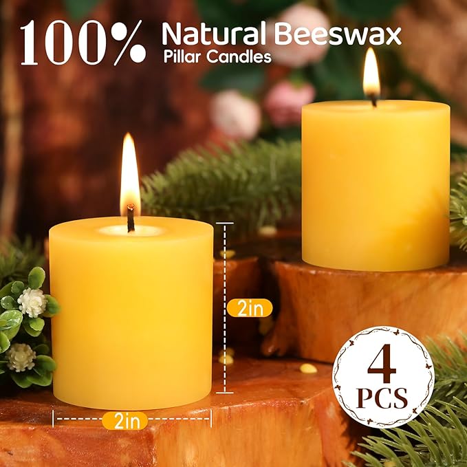 4 Pack Natural Beeswax Pillar Candles,2x2in 100% Pure Beeswax Candles-80 Hours Long Burning,Unscented Bees Wax Candles for Home,Prayer,Emergency,Dripless Smokeless Organic Pillar Candles Bluk