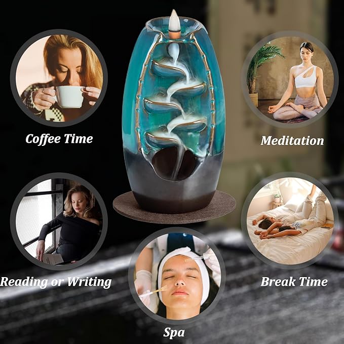 Ceramic Backflow Incense Holder Incense Burner Waterfall, with 120 Mixed Incense Cones + 30 Incense Sticks + 1 Decorative Pad + 1 Tweezer, Aromatherapy Ornament Home Decor, Navy Blue