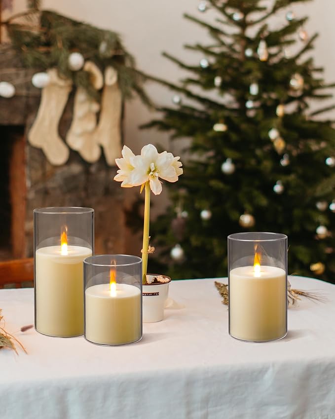 Flameless Candles, LED Candles with Remote Control and Timer, New True Analog 3D Wick Battery-Powered Acrylic Pillar Candle for Romantic Ambience and Home Décor, 3 Piece Set (Ivory)