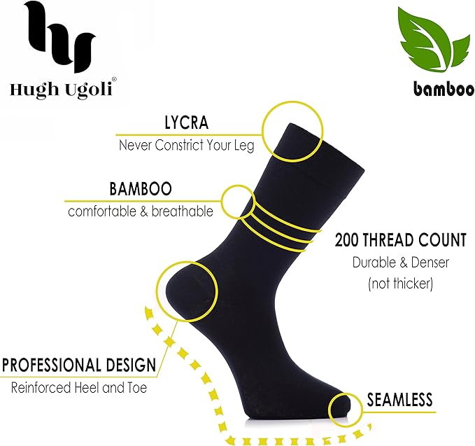 Hugh Ugoli Men's Bamboo Dress Socks for Business & Trouser, Thin & Seamless Crew Socks, 4 Pairs with Gift Box, Shoe Size 8-12