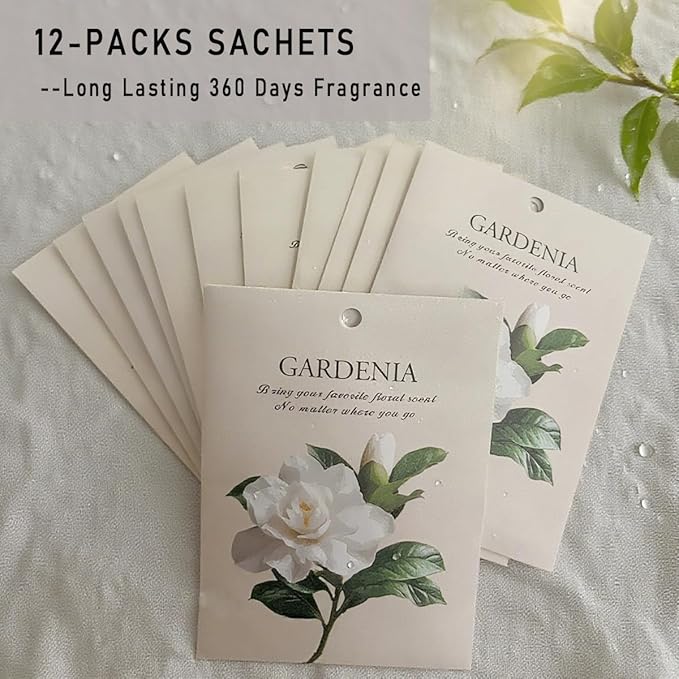 Gardenia Scented Sachet Bags - 12 Pack Home & Car Freshener, Odor Eliminator for Closets, Rooms, Drawers, Wardrobes, Toilets, Long - Lasting 360 - Day Fragrance