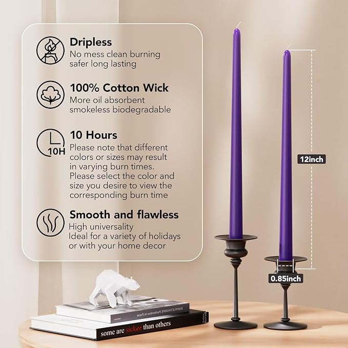 New Burning Formula Unscented Dripless 12-Inch Taper Candles Set of 12 - Purple, for Wedding, Dinner - Smokeless, Long Burning - Hand Poured, Colored Tall Candlesticks - Púrpura