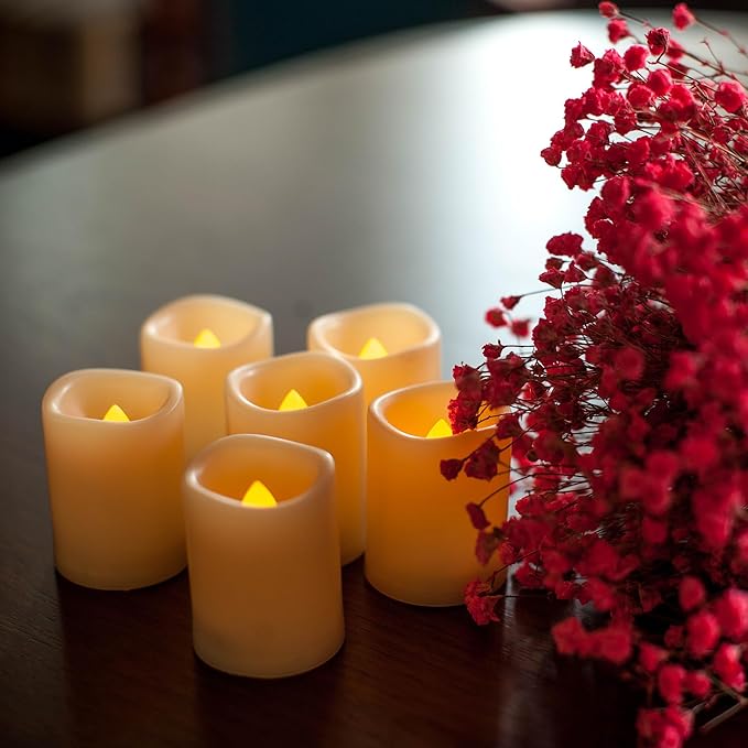 CANDLE CHOICE Battery Operated Flameless LED Votive Candles with Timer Realistic Flickering Electric Tea Lights Baptism Wedding Party Decorations Kitchen Home Decor Centerpieces 6 Pack Batteries Incl.