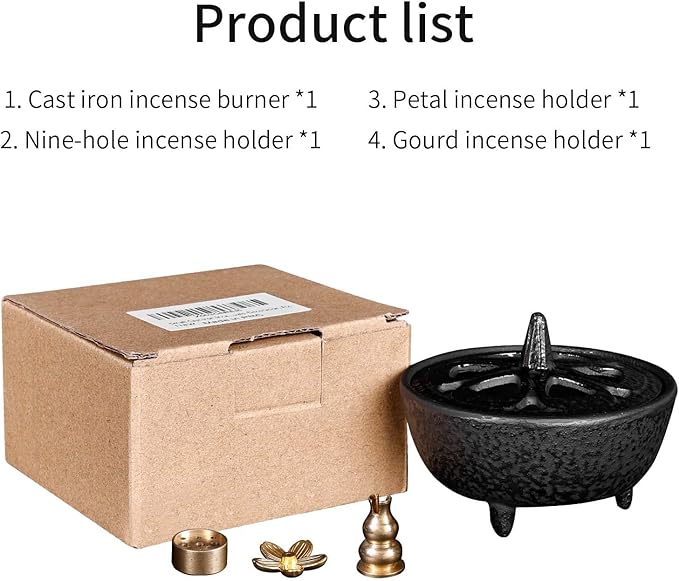 Cast Iron Incense Burner - 4 in 1Incense Holder Burner Set, Three-Legged Incense Ash Catcher with Lid for Rituals, Decoration, Etc