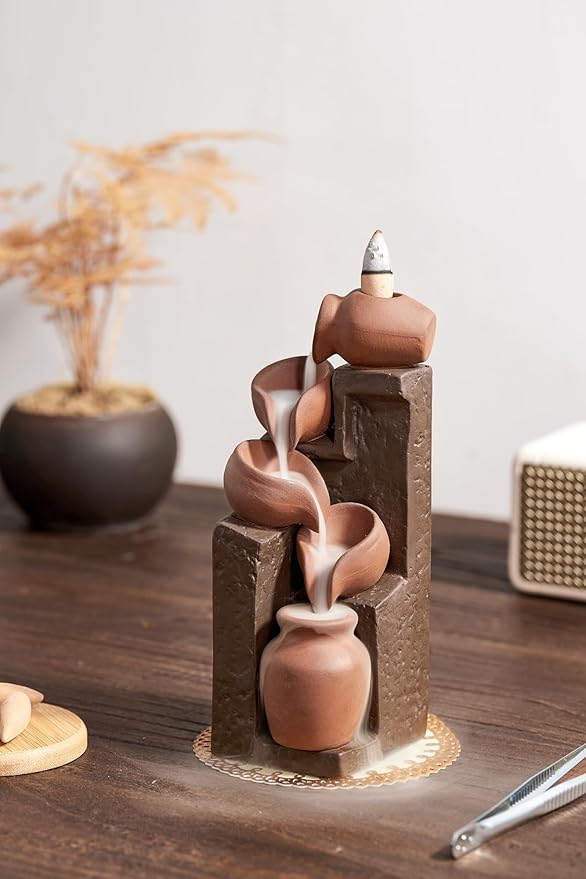Unique Cascading Basins Ceramic Waterfall Incense Holder, Paired with a Pack of Backflow Incense Cones. (Primary)