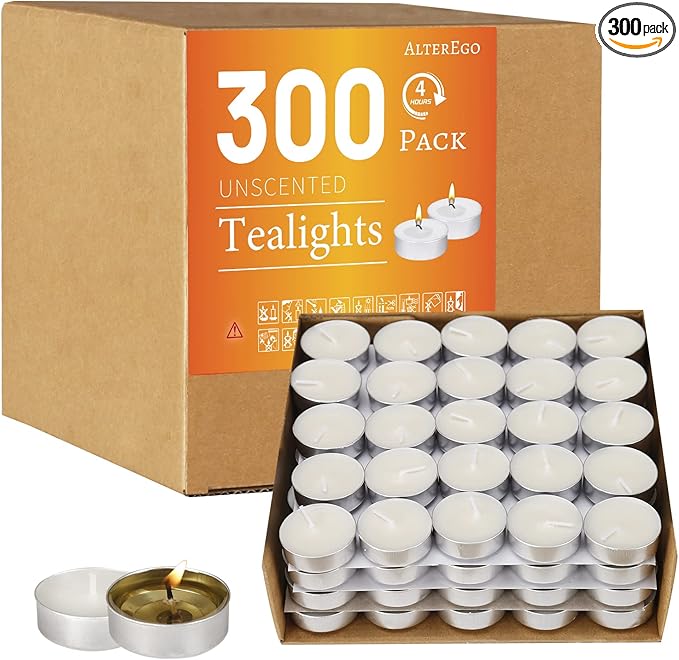 AlterEgo Unscented Tea Lights - 300 Pack Tealight Candles - 4+ Hour Burn Time - Clean-Burning White Palm Smokeless Votive Tealights Candles for Home, Shabbat & Anniversaries (300Packing)