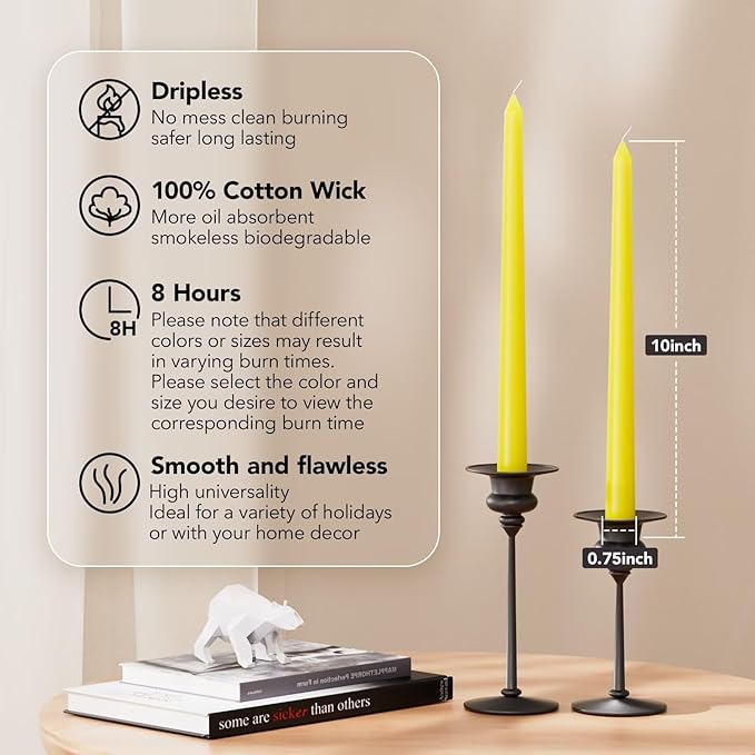 New Burning Formula Unscented Dripless 10-Inch Taper Candles Set of 12 - Yellow, for Wedding, Dinner - Smokeless, Long Burning - Hand Poured, Colored Tall Candlesticks - Amarillo
