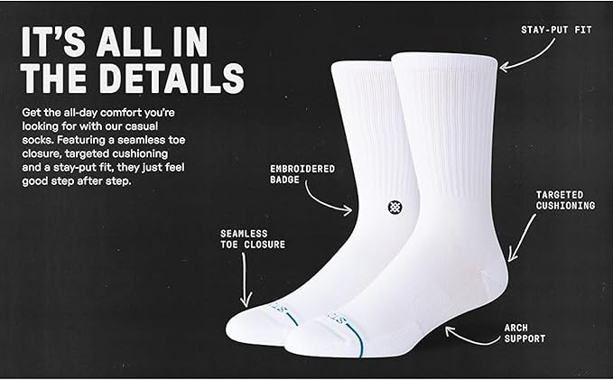 Stance Icon Classic Casual Crew Socks 3-Pack, Cotton Blend and Cushioning Arch Support