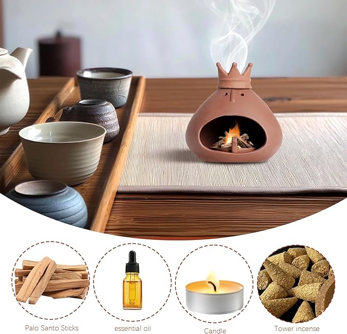 Palo Santo Holder Terracotta Incense Burner Clay Chiminea Furnace with Chimney for Palo Santo Sticks, Sage Ash Catcher, Cone Incense Burning, Essential Oil, Gift for Yoga, Relaxation, Meditation