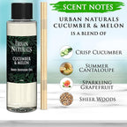 Urban Naturals Reed Diffuser Oil Refill Cucumber Melon, Crisp Cucumber, Juicy Melon, Refreshing Summer Scent, 4 oz + Free Reed Sticks, Made in The USA