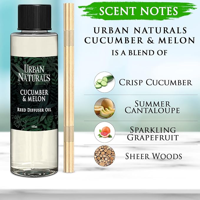Urban Naturals Reed Diffuser Oil Refill Cucumber Melon, Crisp Cucumber, Juicy Melon, Refreshing Summer Scent, 4 oz + Free Reed Sticks, Made in The USA
