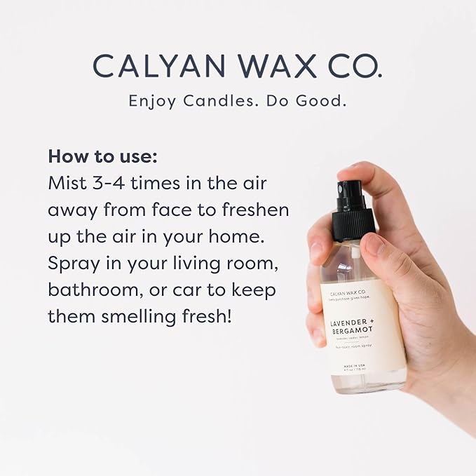 Calyan Wax Co. Non Toxic Room Spray, Lavender + Bergamot Air Freshener, Non Aerosol Natural Room Mist, Aromatherapy Spray with Essential Oils, 4fl oz