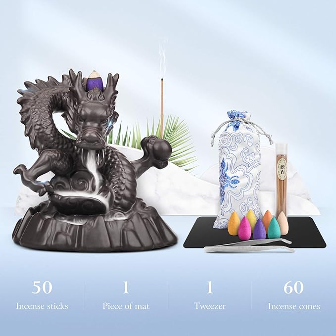 Ceramic Dragon Backflow Incense Holder Waterfall Incense Burner, Smoke Incense Holder, with 70 Backflow Incense Cones + 50 Incense Stick, 1 Mat, 1 Tweezers Home Decor (Brown-Dragon)
