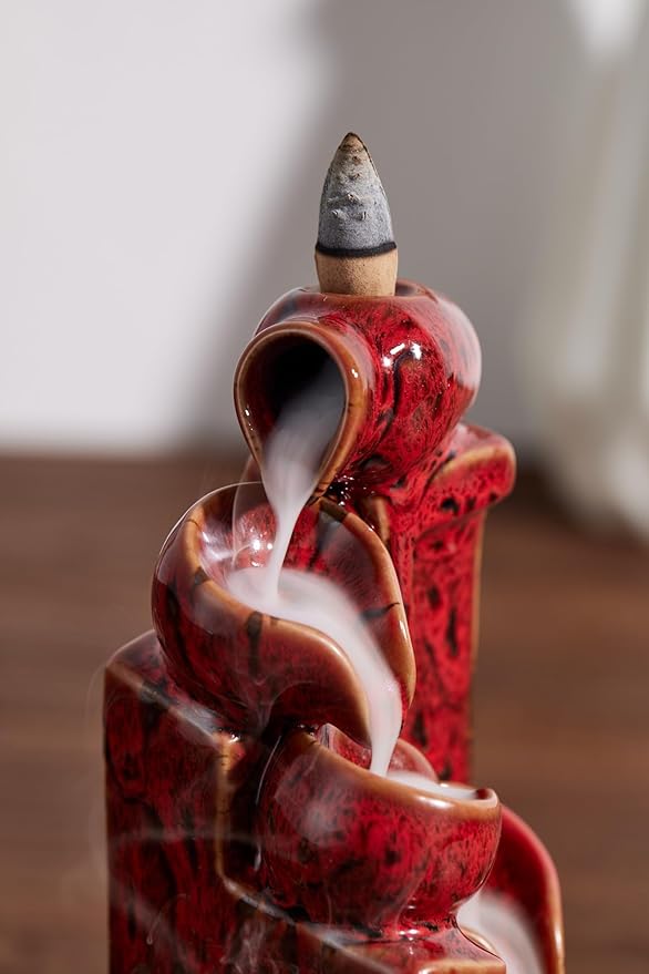 Unique Cascading Basins Ceramic Waterfall Incense Holder, Paired with a Pack of Backflow Incense Cones. (Fambe Red)
