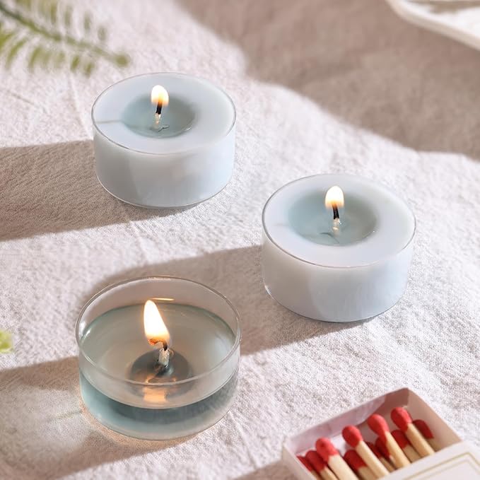 Ocean Memory Scented Tea Lights Candles – Soft Blue – 6 Hour Burn – 100% Palm Wax – Scented Tealight Candles for Holiday Relaxation, Winter Gatherings – 48 Pack Scent Votive Candle