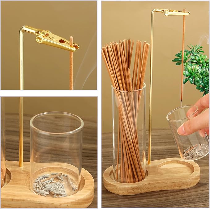 2 in 1 Incense Holder for Sticks, Anti-Ash Flying Incense Burne with Glass Ash Catcher and Incense Sticks Organizer for Meditation Yoga Spa Home Decor (Light Base)