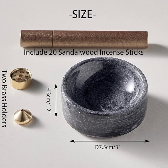 100% Marble Incense Holder Set, Stick Burner, Cone Ash Catcher Bowl, Japanese Incense Stand with Sandalwood Sticks and 2 Brass Burners, Mini-3”, Zen,Gray