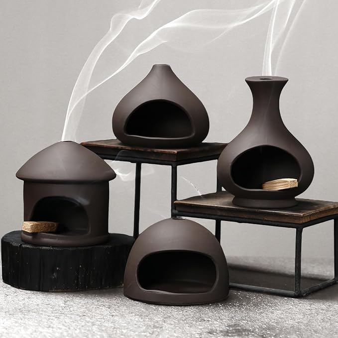 Palo Santo Stick Holder, Sage and Palo Santo Stick Burner, Handmade Ceramic Incense Burner with Chiminea Clay Incense Plate and ash Collector, Used for Meditation, Yoga, and Energy Purification