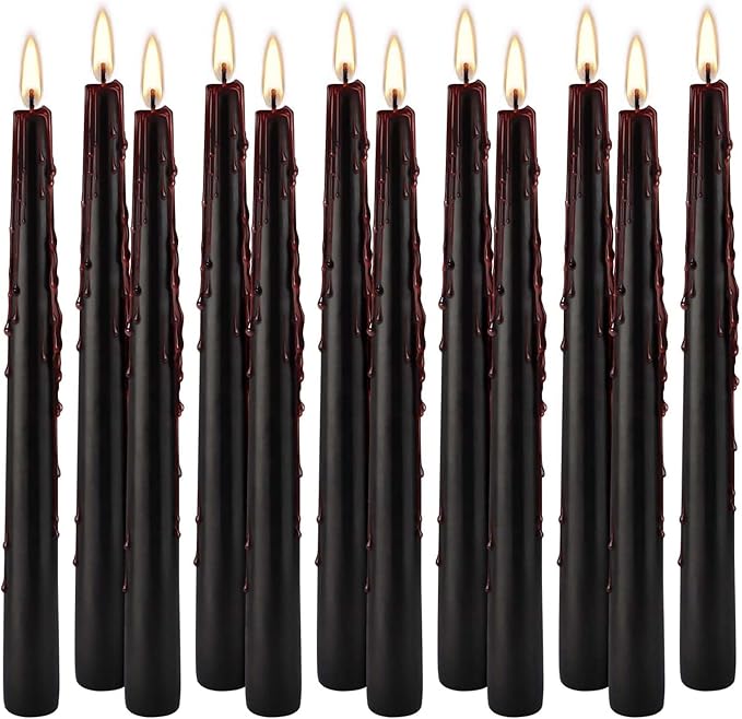 12PCS 10-Inch Black Bleeding Taper Candles,Vampire Tears Taper Candles- Unscented Ideal for Gothic Rituals Halloween, Christmas, Rituals, and Themed Party Decor