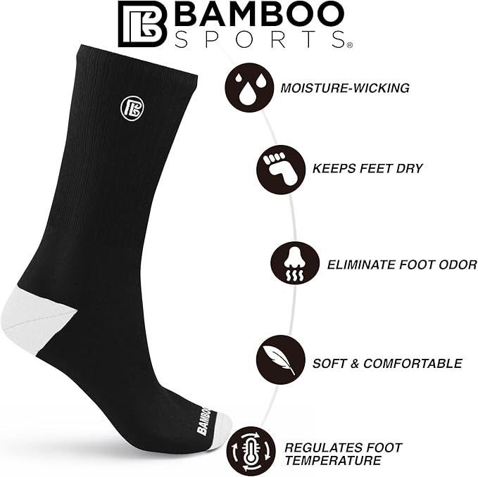 Bamboo Sports Premium Bamboo Crew Work Socks- Moisture Wicking, Odor Eliminating