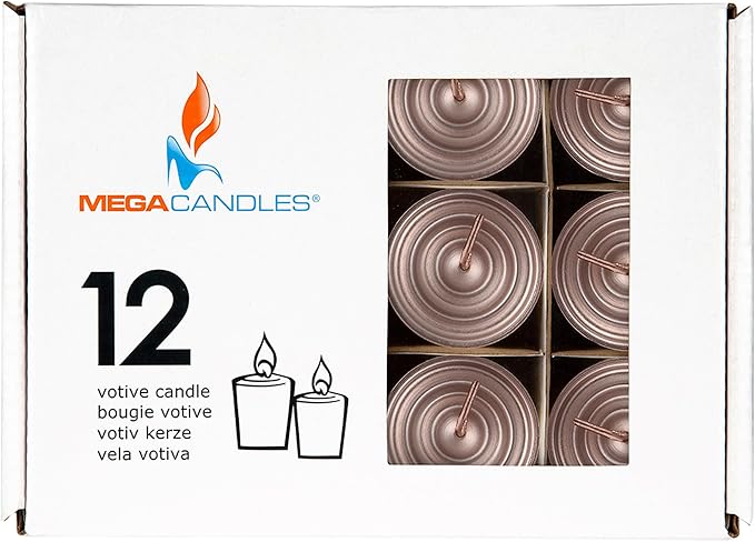 Mega Candles 12 pcs Unscented Rose Gold Votive Candles, Hand Poured Wax Candle 15 Hours 1.5 Inch x 2.25 Inch, Home Décor, Wedding Receptions, Centerpieces, Occasions, Events, Meditations, Holders