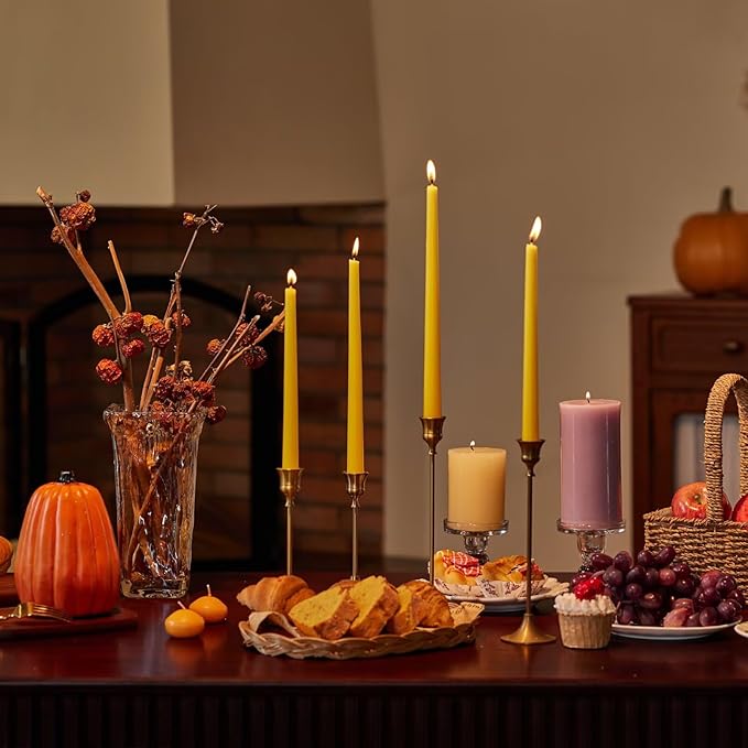 New Burning Formula Unscented Dripless 10-Inch Taper Candles Set of 12 - Spicy Mustard, for Wedding, Dinner - Smokeless, Long Burning - Hand Poured, Colored Tall Candlesticks - Mostaza Picante