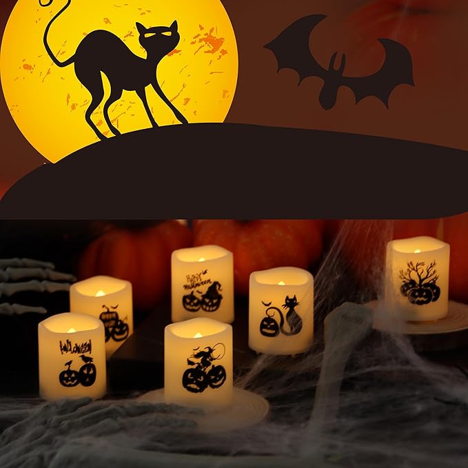 CANDLE CHOICE Battery Operated Flameless Votive Candles with Timer LED Candle Lights with Automatic Built-in Daily Cycle Timer, Pumpkin Decals for Halloween Decorations, Pack of 6, Batteries Included