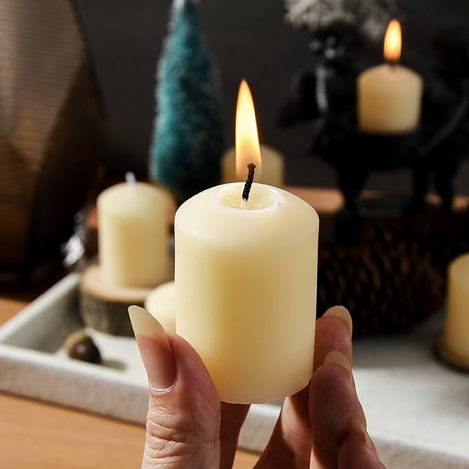 White Beeswax Votive Candles, Natural Beeswax Pillar Candle Votives 6 Packs 1.37"x1.85", Non-Toxic and Smokeless, 9 Hour Burn Time for Weddings, Christmas, Advent, Spa Relax, Prayers