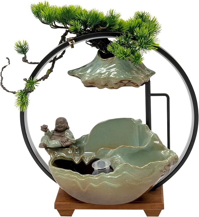 Backflow Incense Holder with Water Fountains and LED Light, Rockery, Maitreya and Plants Perfect for Relaxing or Home Decor (Maitreya witn Rockery)