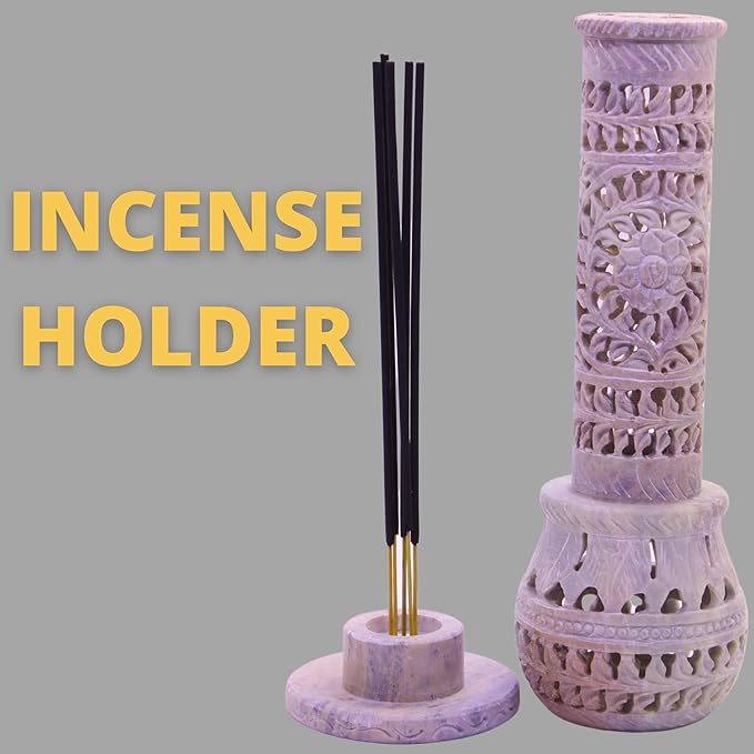 Handmade Carving Round Soapstone Incense Stick Tower Holder | Marble Incense Stick Tower Burner Holder Spa Aromatherapy Home Office Fragrance Accessories Home Office Decor - (11 X 3 Inches)