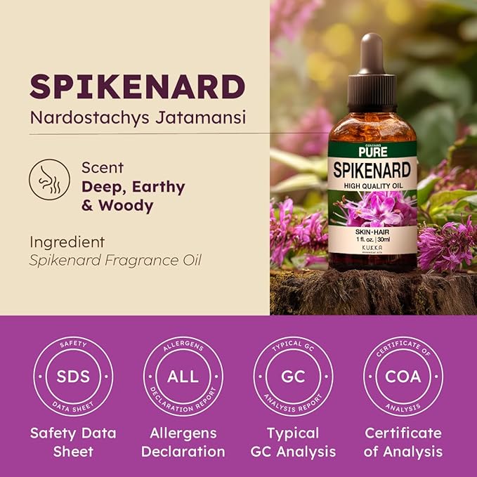 KUKKA Spikenard Essential Oils - 1 Fl Oz - for Hair, Skin, Diffuser, Aromatherapy & DIY Soap Making Scent