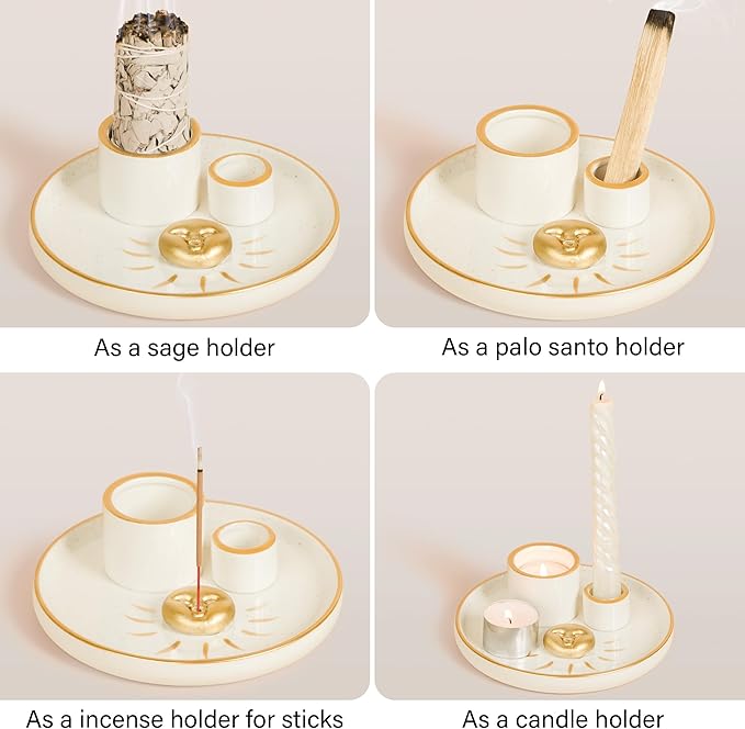 ZenBless Multifunction Incense and Candle Holder for Burning Sage, Palo Santo, Incense Sticks - 5.9" Ceramic Ash Catcher Tray for Meditation Room Home Decor (Gold)