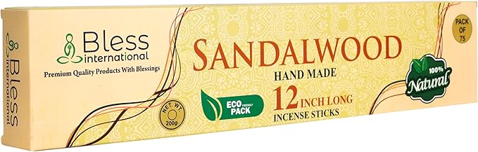 Bless-International-Sandalwood 100%-Natural-Handmade-Incense-Sticks Organic-Chemicals-Free-for-Relaxation-Positivity-Yoga-Meditation 12-Inches-1-Hour-Plus-Burning-Time-150-Sticks-14-OZ