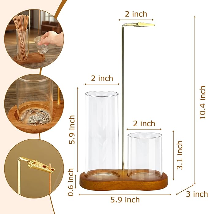 2 in 1 Incense Holder for Sticks, Dual-Purpose Incense Holder with Glass Ash Catcher, Anti-Ash Flying Burner and Organizer, Meditation Yoga Spa Home Decor for Sticks Cones(Wood, Dark Brown)