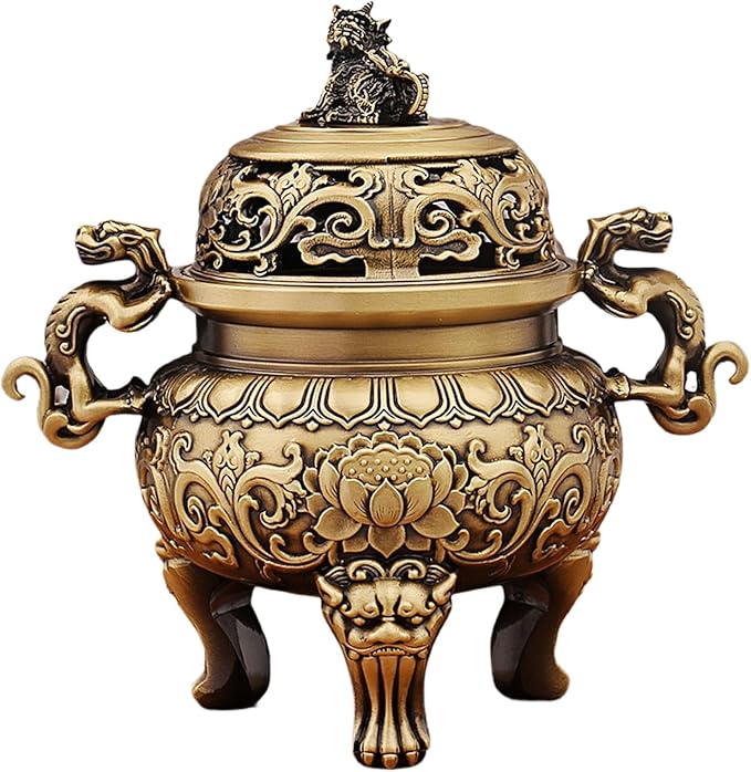 Chinese Solid Brass Incense Burner with Lion Lid - Handmade 670g Feng Shui Censer, 5.5 Inch Wide Mouth Brass Incense Burner for Zen Meditation Altar Decor, Gift Idea