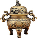 Chinese Solid Brass Incense Burner with Lion Lid - Handmade 670g Feng Shui Censer, 5.5 Inch Wide Mouth Brass Incense Burner for Zen Meditation Altar Decor, Gift Idea