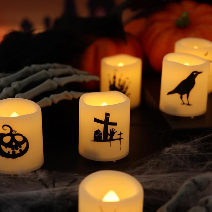 CANDLE CHOICE Battery Operated Flameless Votive Candles with Timer LED Candle Lights with Automatic Built-in Daily Cycle Timer Halloween Decals for Halloween Decorations Pack of 12 Batteries Included
