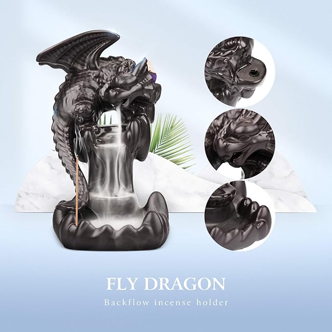 Ceramic Dragon Backflow Incense Holder Waterfall Incense Burner, Smoke Incense Holder, with 70 Backflow Incense Cones + 50 Incense Stick, 1 Mat, 1 Tweezers Home Decor (Brown-Flying Dragon)
