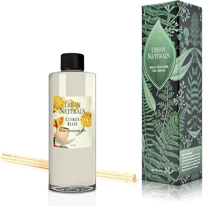 Urban Naturals Reed Diffuser Oil Refill Citrus Bliss with Mandarin, Grapefruit, Lemon Water, Clementine, Green Notes 8 oz + Free Reed Sticks, Made in The USA