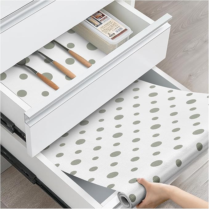 Drawer and Shelf Liner, Non-Slip Kitchen Cabinet Liners Non-Adhesive Thick Strong Grip Waterproof Washable Mats Protect Dresser Shelves Cupboard Bathroom Cabinets, Polka Dot, 18 in X 10 FT