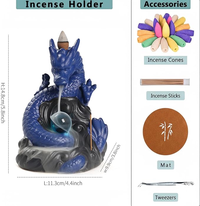 Dragon Waterfall Incense Burner,Backflow Incense Burner with 20 Incense Cones and 30 Incense Sticks，Ceramic Incense Cone Holder Used for Relaxation, Meditation, and Home Decoration (Blue)