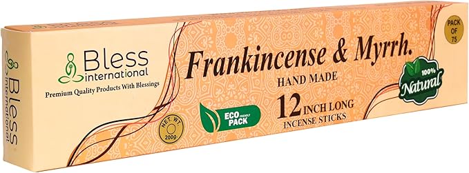 Bless-International-Frankincense-and-Myrrh 100%-Natural-Handmade-Incense-Sticks Organic-Chemicals-Free-for-Relaxation-Positivity-Yoga-Meditation 12-Inches-1-Hour-Plus-Burning-Time-75-Sticks-7-OZ