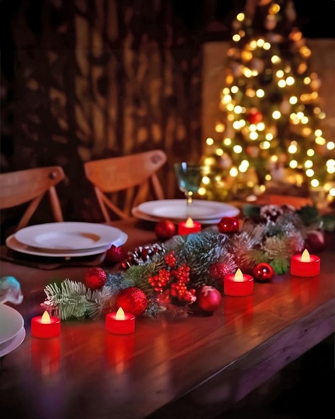 BEICHI Flameless Candles, 24-Pack LED Tea Lights Candles Battery Operated, Electric Fake Tealights, Votive Candles Bulk for Halloween, Christmas, Wedding- Red Light