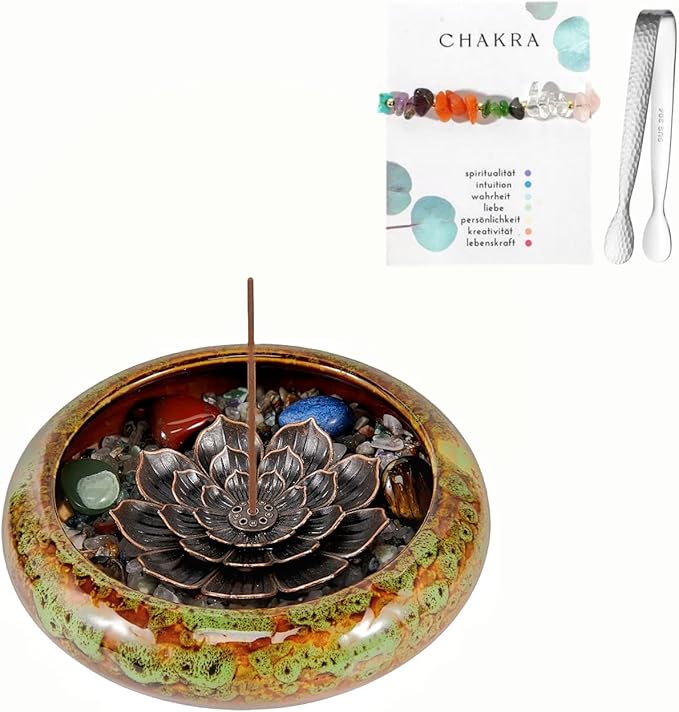 Incense Stick Holder - Green Ceramic Incense Burner， Crystal Lotus Incense Holder, Incense Burner for Cone, Coil, Sage Cones, Frankincense, and Palo Santo