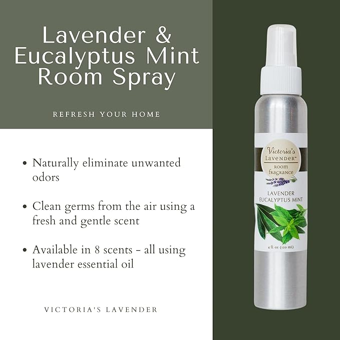 Victoria's Lavender Room Spray - All Natural Home Fragrance, Made in the USA with Pure Essential Oil Air Freshener & Odor Eliminator, Relaxing Scent, 2pk Lavender Eucalyptus Mint, 4oz each