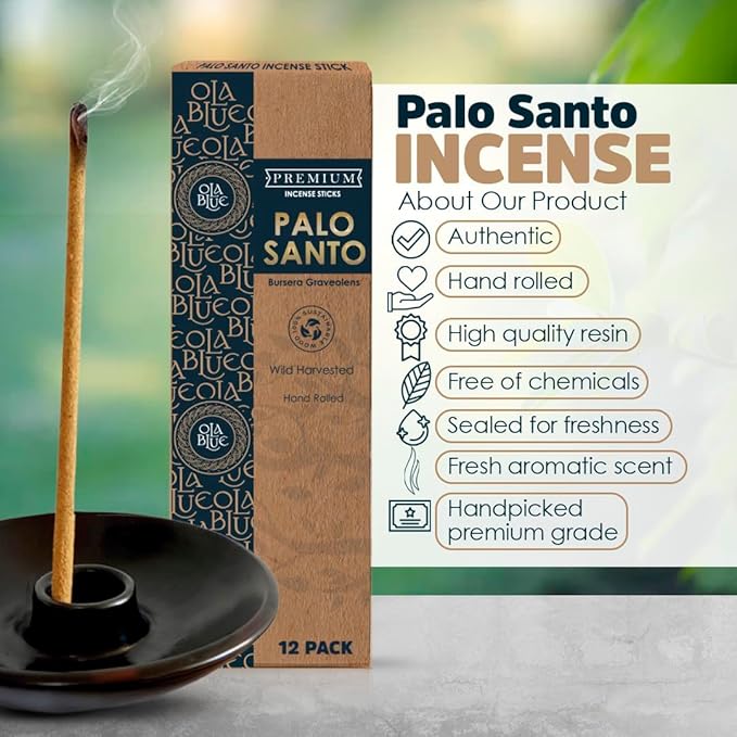 Palo Santo Incense Sticks (12 Pack) and Holder from Peru Premium Authentic - Handmade & Hand Rolled - Cleansing Bad Energy (Incense Sticks)