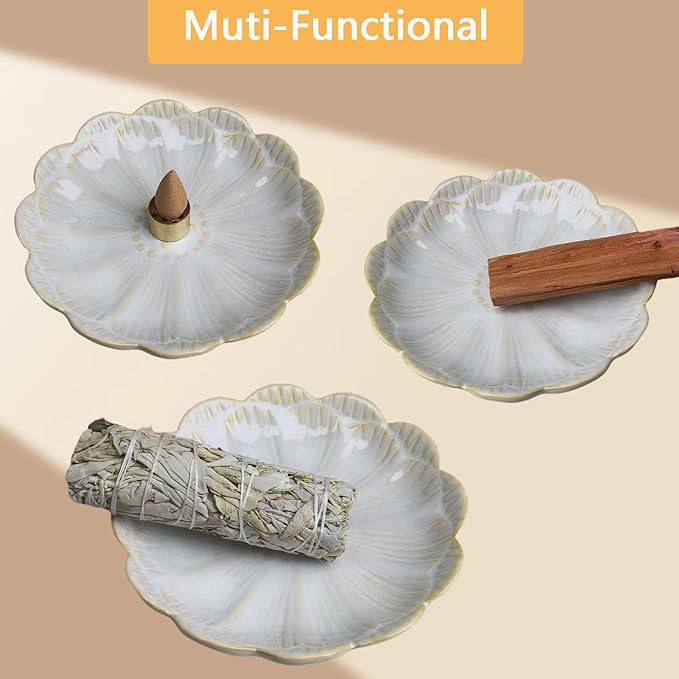 Ceramic Incense Holder for Sticks, Handmade Incense Burner Trays with 3 Pcs Incense Holes, Multi-Purpose Ash Catcher for Coils, White Sage & Palo Santo, Smudge Bowl for Meditation Yoga Decor (White)