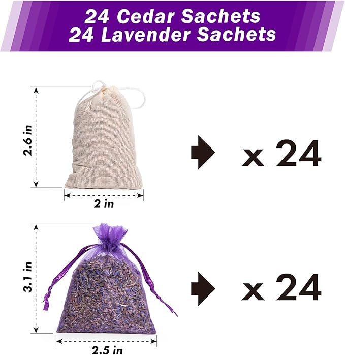 Pack of 48 Cedar Chips and Lavender Sachets (24 Lavender, 24 Cedar) - Home Fragrance Sachet for Drawers and Closets, LV-F-LC-3